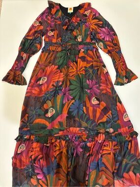 Farm Rio Vibrant Floral Maxi Dress Tiered with Parrot Tropical Motif Retail $295